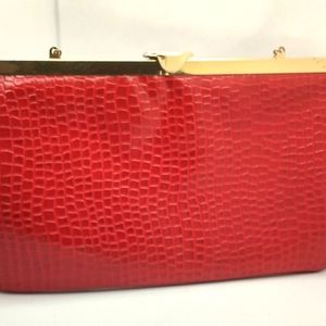 Vintage 1970s- 80s Red Crocodile Print Faux Leather Clutch with Hidden Strap